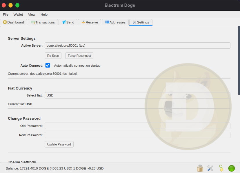 Electrum Dogecoin interface — transaction view